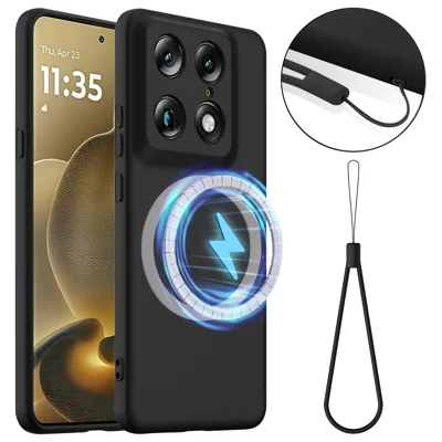 Für Motorola Signature 5G / Motorola Moto X70 Air Pro 5G / Motorola Edge 70 Ultra 5G Magnetische Hülle Aus Flüssigsilikon, Anti-Drop-Handyhülle Mit Lanyard – Schwarz
