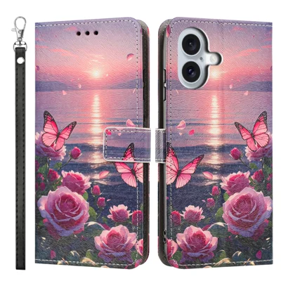 Für iPhone 16 Hülle Musterdruck PU-Leder Kippbrieftasche mit Handschlaufe - Rose Butterfly