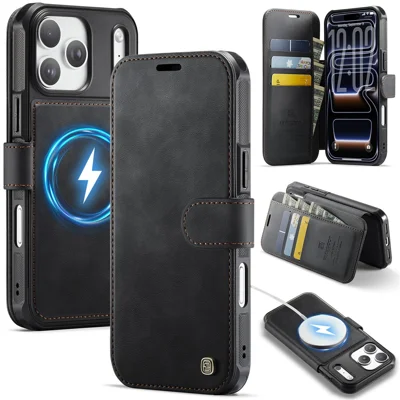 AUTSPACE A15 Pour iPhone 17 Pro Max Coque Portefeuille Blocage RFID Cuir Magnétique - Noir