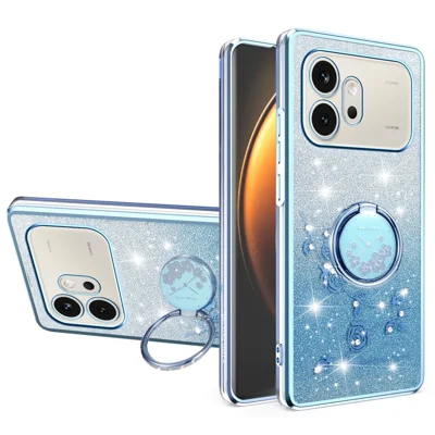 KADEM pour Honor 600 5G Coque de Téléphone Anneau Support TPU Fleurs Couvercle de Téléphone Paillettes Dégradées - Bleu