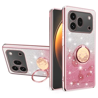 KADEM For Honor 600 Pro 5G Mobilskal Med Ring Ställfot TPU Blommor Skal Med Gradient Glitter - Roséguld