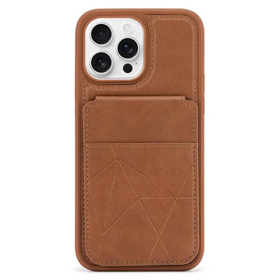 Für iPhone 16 Pro Max Hülle mit Mehrfach-Kartenschlitzen, Kippständer, Leder + PC + TPU stoßfestes Handycover - Braun