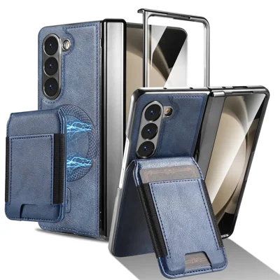 For Samsung Galaxy Z Fold5 5G Magnetic Case Detachable Card Holder Kickstand Leather + PC Phone Cover with Tempered Glass Film - Blue