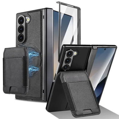 For Samsung Galaxy Z Fold6 5G Magnetic Case Detachable Card Holder Kickstand Leather + PC Phone Cover with Tempered Glass Film - Black