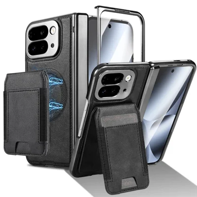 For Google Pixel 10 Pro Fold Magnetic Case Detachable Card Holder Kickstand Leather + PC Phone Cover with Tempered Glass Film - Black