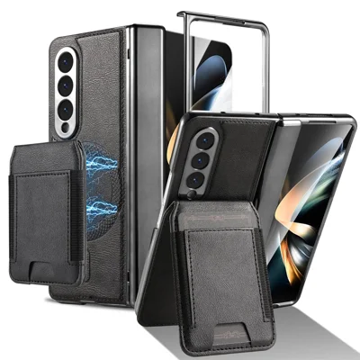 For Samsung Galaxy Z Fold3 5G Magnetic Case Detachable Card Holder Kickstand Leather + PC Phone Cover with Tempered Glass Film - Black