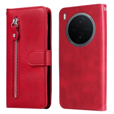  For vivo Y600 Pro 5G PU Leather Cases with Zipper Pocket Wallet Phone Cover Stand - Red