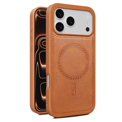 Coque pour iPhone 17 Pro Max magnétique en cuir PU, dos en PC + TPU - Jaune