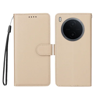  For vivo Y600 Pro 5G Case RFID Blocking 3 Card Slots PU Leather Phone Cover with Wrist Strap - Creamy White