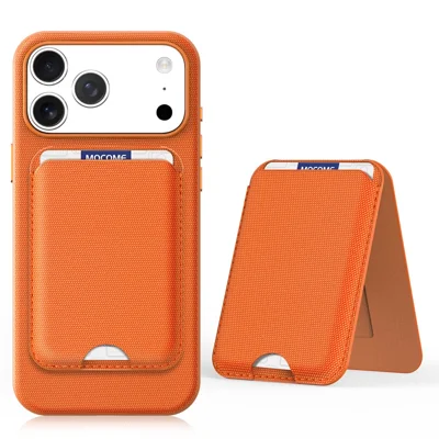 For iPhone 17 Pro Max Magnetic Case Tech Fabric + TPU Card Holder Kickstand Phone Cover - Orange