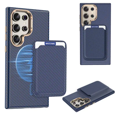 For Samsung Galaxy S24 Ultra Magnetic Case Carbon Fiber Texture Leather Back Phone Cover with Detachable Card Holder - Sapphire