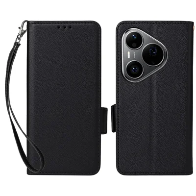 For Huawei Pura 90s Pro 5G / Pura 90 Pro Case Litchi Texture Wallet Leather Phone Cover with Wrist Strap - Black
