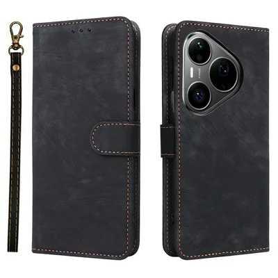 For Huawei Pura 90s Pro 5G / Pura 90 Pro Case Wallet RFID Blocking PU Leather Phone Cover Stand with Strap - Black