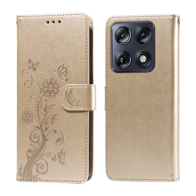 Funda de cuero para Motorola Signature 5G con diseño imprimido de mariposas y flores, tapa con billetera y soporte - Dorado