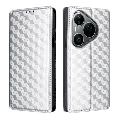 For Huawei Pura 90s Pro 5G / Pura 90 Pro Case Wallet Rhombus Imprinted PU Leather Phone Cover - Silver
