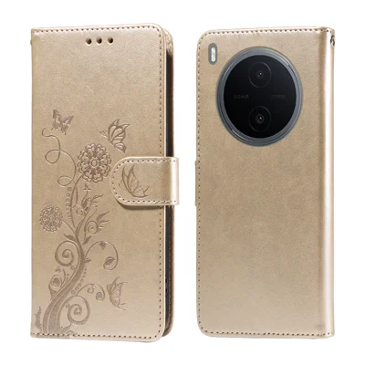  For vivo Y600 Pro 5G Leather Case Butterfly Floral Imprint Wallet Stand Cover - Golden