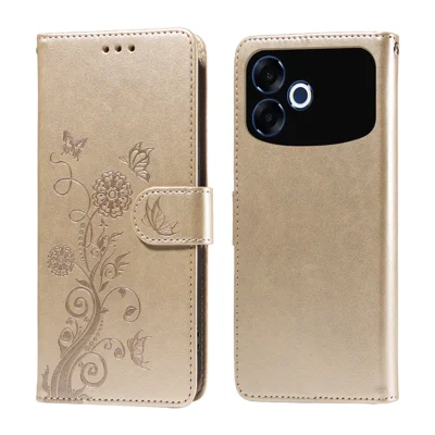 Pour Oppo F33 Pro 5G / Oppo A6s Pro 5G Étui en Cuir avec Imprimé Papillon et Fleurs Portefeuille Support - Doré