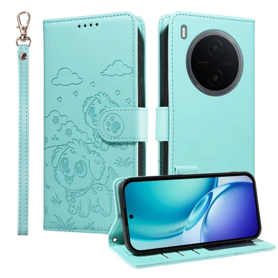  For vivo Y600 Pro 5G Case RFID Blocking Imprinted Dog Pattern PU Leather Phone Cover with Wrist Strap - Green