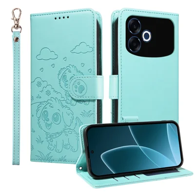 Pour Oppo F33 Pro 5G / Oppo A6s Pro 5G Étui Blocage RFID Motif Imprimé de Chiens Housse de Téléphone en Cuir PU avec Sangle de Poignet - Vert