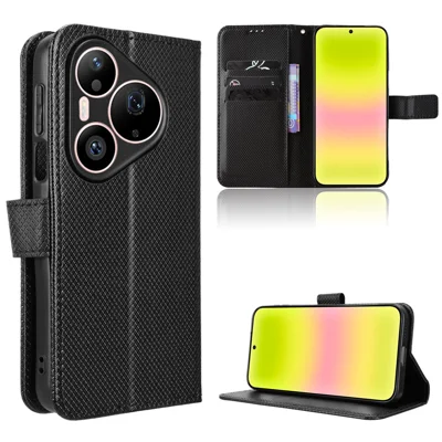 For Huawei Pura 90s Pro 5G / Pura 90 Pro Leather Wallet Case with Strap Diamond Texture Phone Cover - Black