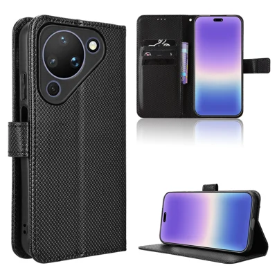  For Huawei Pura 90 Leather Wallet Case with Strap Diamond Texture Phone Cover - Black
