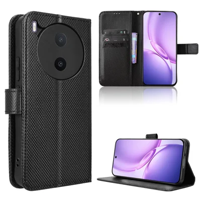  For vivo Y600 Pro 5G Leather Wallet Case with Strap Diamond Texture Phone Cover - Black