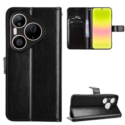 For Huawei Pura 90s Pro 5G / Pura 90 Pro PU Leather Case with Strap Crazy Horse Texture Phone Wallet Cover - Black