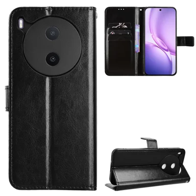  For vivo Y600 Pro 5G PU Leather Case with Strap Crazy Horse Texture Phone Wallet Cover - Black