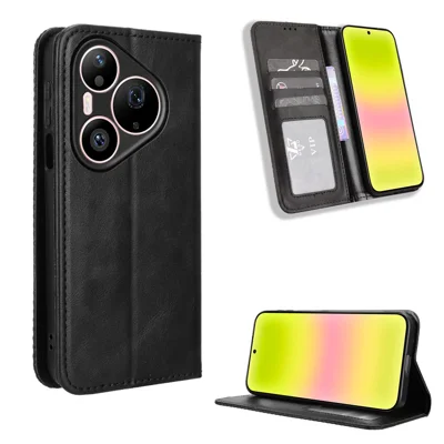 For Huawei Pura 90s Pro 5G / Pura 90 Pro Leather Case Wallet Stand Retro Texture Phone Cover - Black