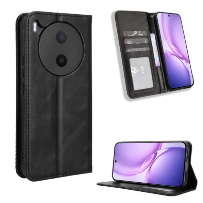  For vivo Y600 Pro 5G Leather Case Wallet Stand Retro Texture Phone Cover - Black
