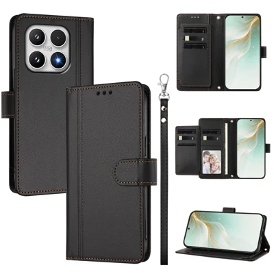 Capa Carteira Dobrável em Couro PU com 9 Ranfas para Cartões e Alça de Mão para Xiaomi 17 - Preto