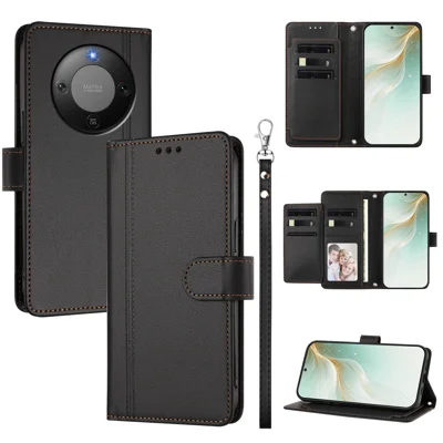  For Honor X70 5G / Honor Magic8 Lite 5G / Honor X9d 5G Etui med 9 kortfelter i PU-læder med flip, wallet og håndløkke - Sort