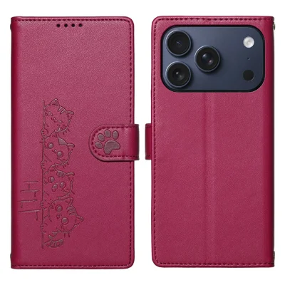 For iPhone 18 Pro / 17 Pro Case Adorable Cat Pattern PU Leather Wallet Phone Cover with Wrist Strap - Rose