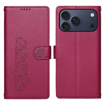 Coque pour iPhone 17 Pro Max avec motif de chat mignon, housse portefeuille en cuir PU avec bracelet de poignet - Rose