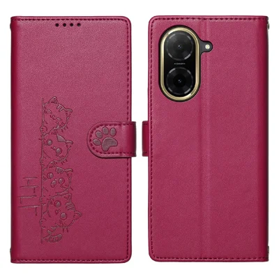 For Xiaomi Redmi A5 NFC (EU) (173.45mm) Case Adorable Cat Pattern PU Leather Wallet Phone Cover with Wrist Strap - Rose