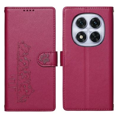 Funda para teléfono con billetera de cuero PU con adorable diseño de gato para Xiaomi Redmi Note 14 Pro 5G / Poco X7 5G, con correa de mano - Rosa