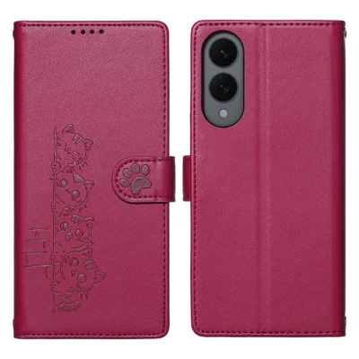 For Samsung Galaxy S25 Edge Case Adorable Cat Pattern PU Leather Wallet Phone Cover with Wrist Strap - Rose