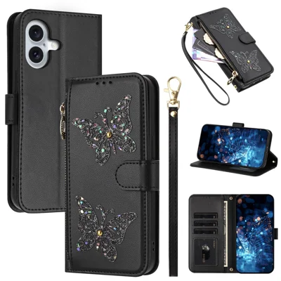 For iPhone 17 Case Glitter Butterfly Zipper Pocket Stand Leather Phone Cover with Hand Strap  /  Shoulder Strap - Sort