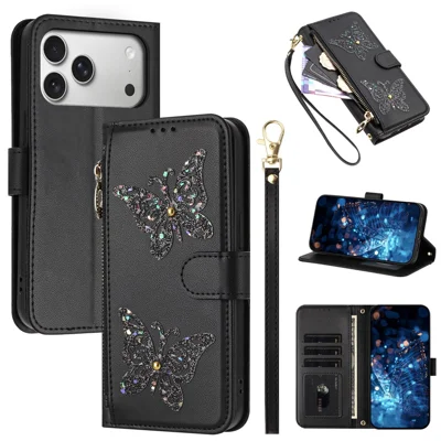 Voor iPhone 17 Pro-hoesje Glitter vlinder Ritsvak Stand Leather telefoonhoesje met handtasje / schouderriem - Zwart