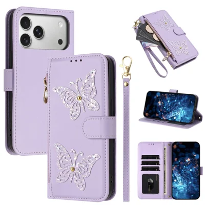 Etui na iPhone 17 Pro Max Etui ze świecącym motylem Kieszeń na zamek Funkcja stojaka Skórzane etui z rączką / napierśnikiem - Jasny fiolet