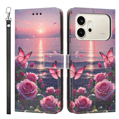  For Honor 600 Pro 5G / Honor 600 5G Hoesje Patroonafdruk PU Leer Flip Wallet Telefoonhoesje met Polsbandje - Roze Vlinder