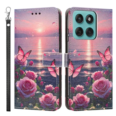 For Motorola Edge 60 5G / Motorola Edge 60 Pro 5G / Motorola Edge 60 Fusion 5G Case Pattern Printing PU Leather Flip Wallet Phone Cover with Wrist Strap - Rose Butterfly