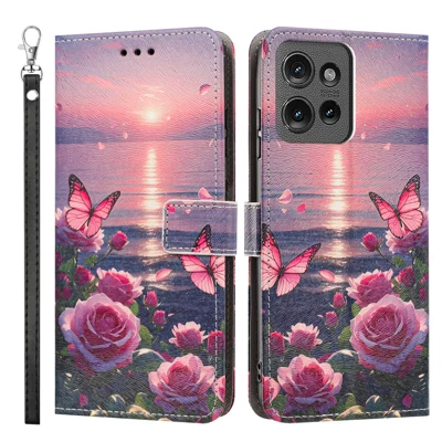  Custodia per Motorola Moto G Stylus 5G (2025) / Motorola Edge 60 Stylus 5G con Stampa a Motivo in Pelle PU, Cover a Libretto con Portafoglio e Cinturino da Polso - Farfalla Rosa
