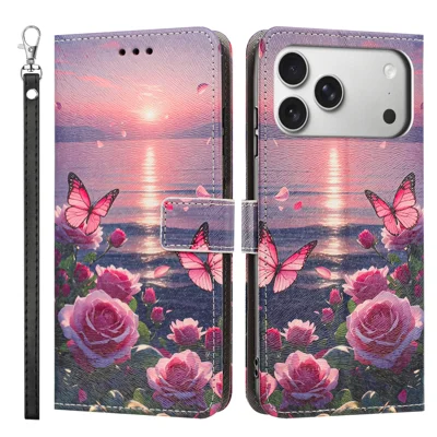 For iPhone 18 Pro Max / 17 Pro Max Case Pattern Printing PU Leather Flip Wallet Phone Cover with Wrist Strap - Rose Butterfly