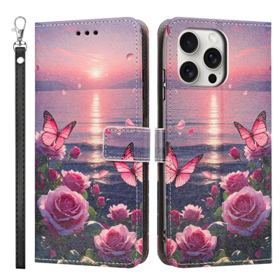 Für iPhone 16 Pro Max Hülle Musterdruck PU-Leder Klappe Brieftasche Handyhülle mit Handschlaufe - Rose Butterfly