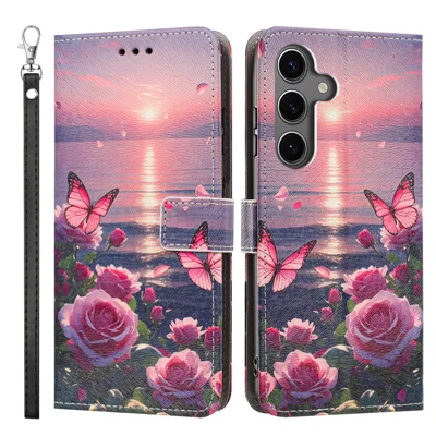 Voor Samsung Galaxy S25 FE Hoesje met Patroonprint PU Leer Flip Wallet Telefoonhoes met Polsbandje - Roze Vlinder