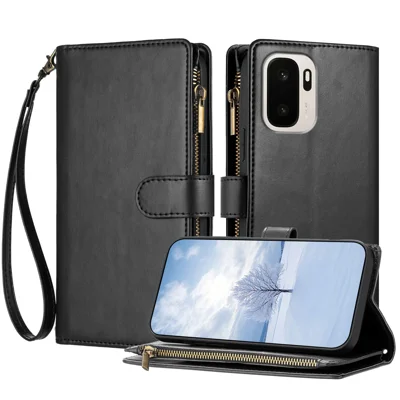  For OnePlus Ace 6 Ultra 5G Leather Case Zipper Wallet Stand Shockproof Phone Cover with Wrist Strap - Black