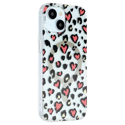 For iPhone 14 Magnetic Case Clear Anti-Yellowing PC + TPU Phone Back Cover Leopard Print Design - Red