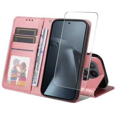 HAT PRINCE pour Xiaomi 17T étui portefeuille ENKAY housse de téléphone en cuir avec support et protecteur d'écran 0,18 mm, déverrouillage par empreinte digitale ultrasonique - Rose