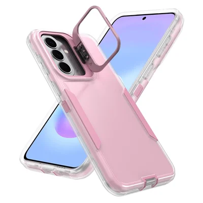 For Samsung Galaxy A27 5G Case TPU + PC Hybrid Phone Cover with Alloy Lens Frame Kickstand  - Transparent / Pink